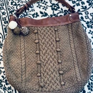 American Eagle Large Brown Boho Sweater Bag w/Poms